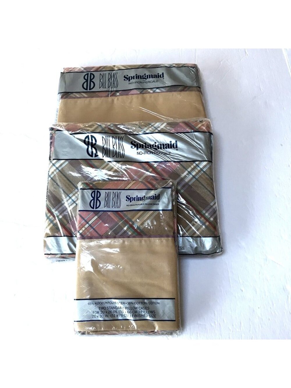 Vintage Springmaid Bill Blass Twin Sheet Set Flat Fitted Pillowcase Plaid Canyon